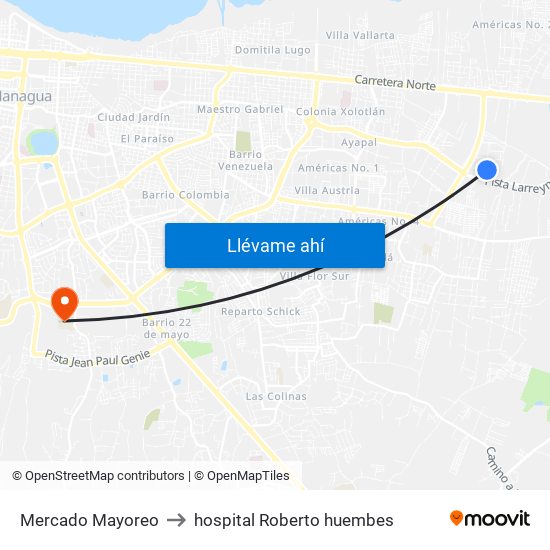 Mercado Mayoreo to hospital Roberto huembes map