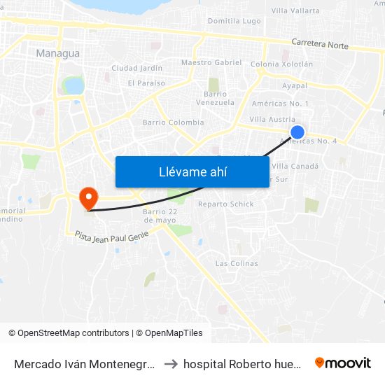 Mercado Iván Montenegro Sur to hospital Roberto huembes map