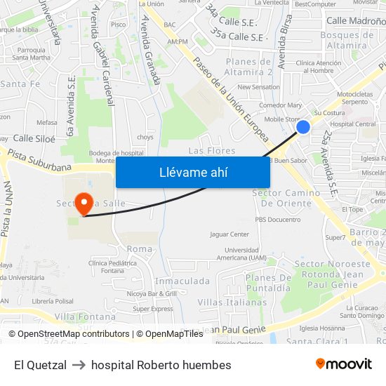 El Quetzal to hospital Roberto huembes map