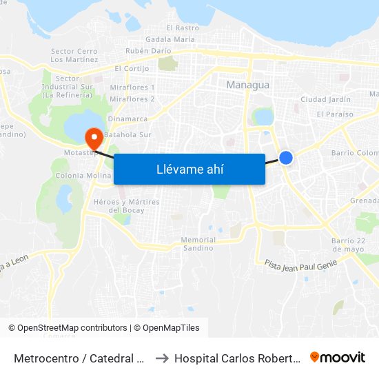 Metrocentro / Catedral De Managua to Hospital Carlos Roberto Huembes map