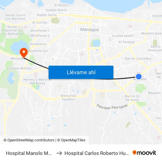 Hospital Manolo Morales to Hospital Carlos Roberto Huembes map