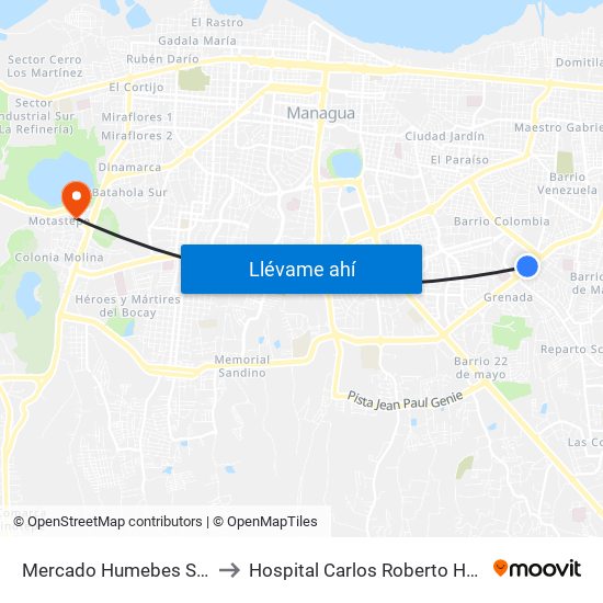 Mercado Humebes Sureste to Hospital Carlos Roberto Huembes map