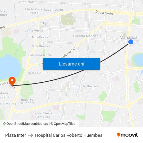 Plaza Inter to Hospital Carlos Roberto Huembes map