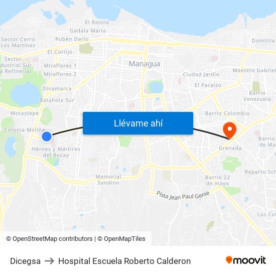 Dicegsa to Hospital Escuela Roberto Calderon map
