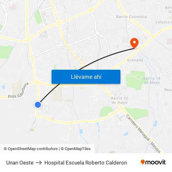 Unan Oeste to Hospital Escuela Roberto Calderon map