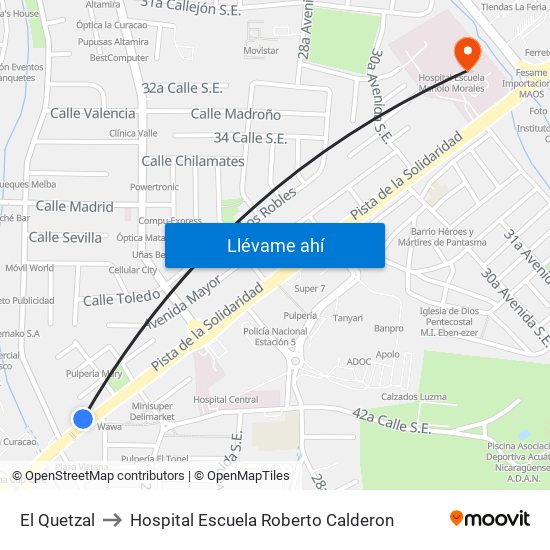 El Quetzal to Hospital Escuela Roberto Calderon map