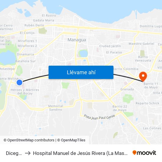 Dicegsa to Hospital Manuel de Jesús Rivera (La Mascota) map