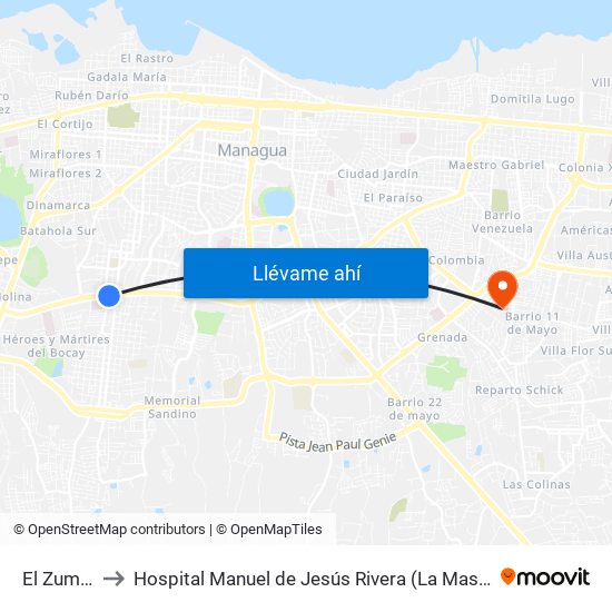 El Zumen to Hospital Manuel de Jesús Rivera (La Mascota) map