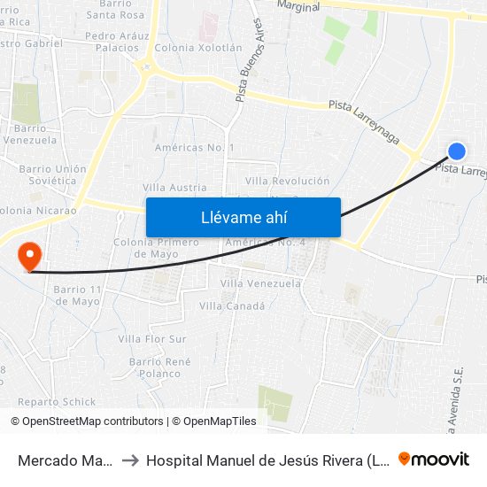 Mercado Mayoreo to Hospital Manuel de Jesús Rivera (La Mascota) map