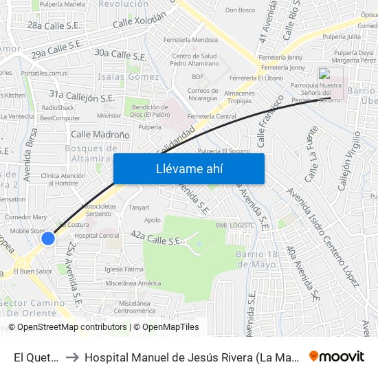 El Quetzal to Hospital Manuel de Jesús Rivera (La Mascota) map