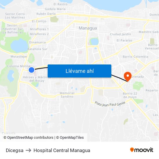 Dicegsa to Hospital Central Managua map