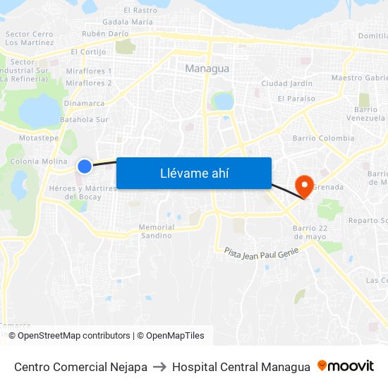 Centro Comercial Nejapa to Hospital Central Managua map