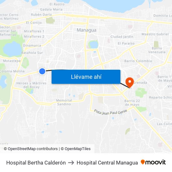 Hospital Bertha Calderón to Hospital Central Managua map