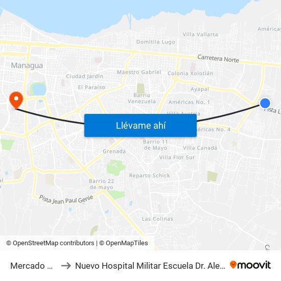 Mercado Mayoreo to Nuevo Hospital Militar Escuela Dr. Alejandro Dávila Bolaños map