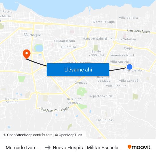 Mercado Iván Montenegro Sur to Nuevo Hospital Militar Escuela Dr. Alejandro Dávila Bolaños map