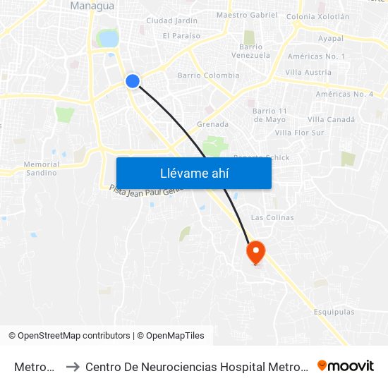 Metrocentro to Centro De Neurociencias Hospital Metropolitano Vivian Pellas map
