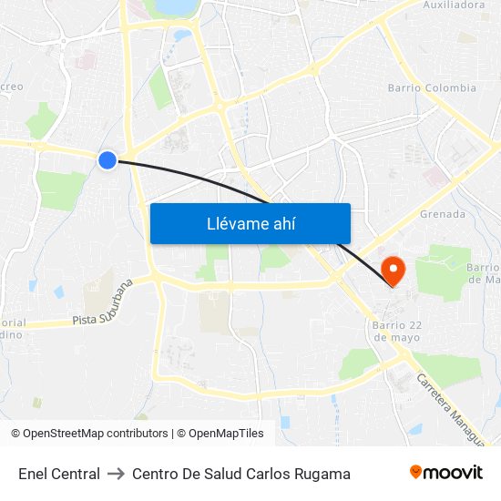 Enel Central to Centro De Salud Carlos Rugama map
