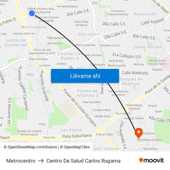 Metrocentro to Centro De Salud Carlos Rugama map