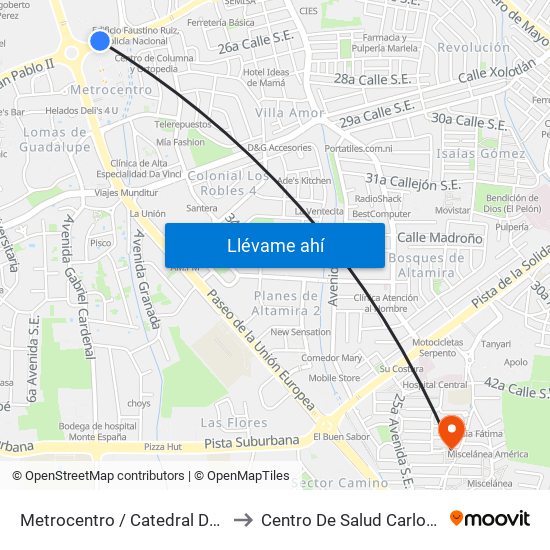 Metrocentro / Catedral De Managua to Centro De Salud Carlos Rugama map