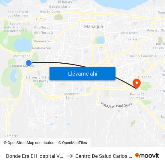 Donde Era El Hospital Velez Paiz to Centro De Salud Carlos Rugama map
