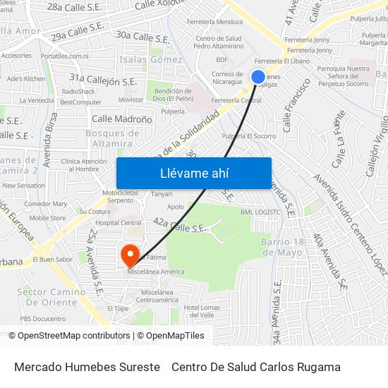 Mercado Humebes Sureste to Centro De Salud Carlos Rugama map