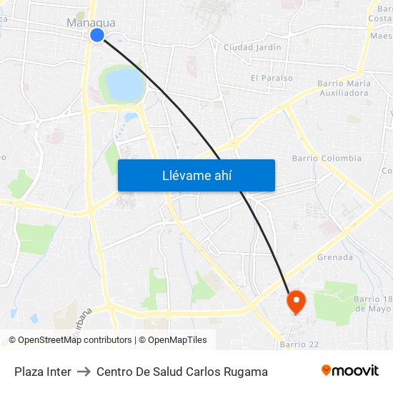 Plaza Inter to Centro De Salud Carlos Rugama map