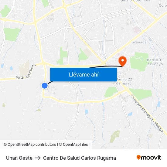 Unan Oeste to Centro De Salud Carlos Rugama map