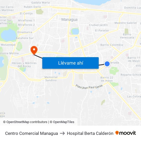 Centro Comercial Managua to Hospital Berta Calderón map