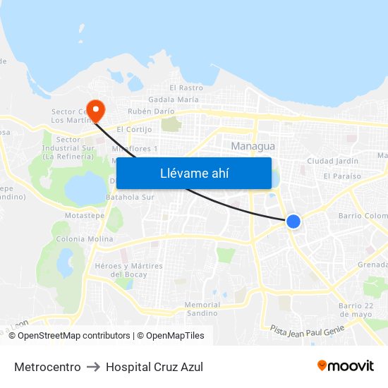 Metrocentro to Hospital Cruz Azul map