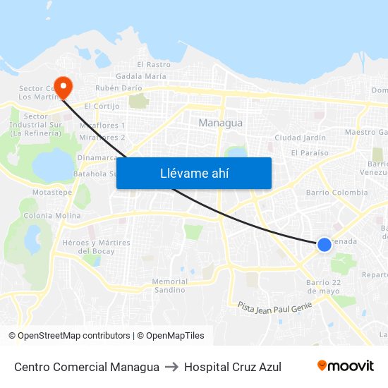 Centro Comercial Managua to Hospital Cruz Azul map