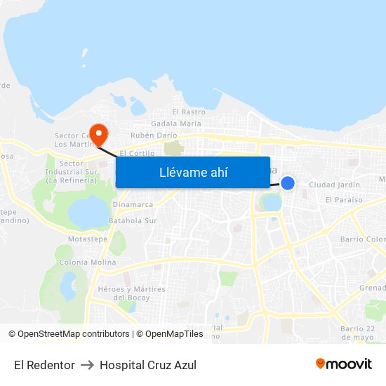 El Redentor to Hospital Cruz Azul map