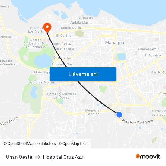Unan Oeste to Hospital Cruz Azul map