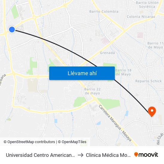 Universidad Centro Americana (Uca) to Clinica Médica Mongalo map