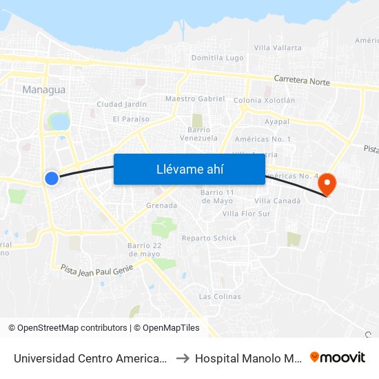 Universidad Centro Americana (Uca) to Hospital Manolo Morales map