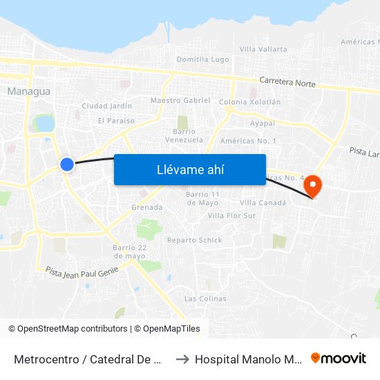 Metrocentro / Catedral De Managua to Hospital Manolo Morales map