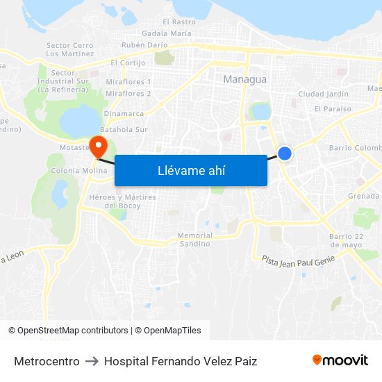 Metrocentro to Hospital Fernando Velez Paiz map