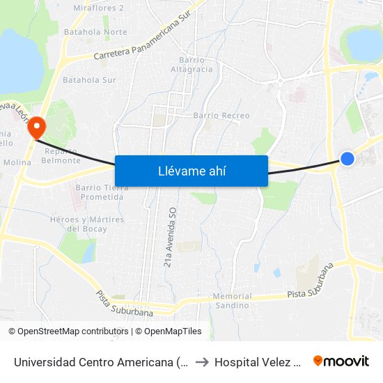 Universidad Centro Americana (Uca) to Hospital Velez Paiz map
