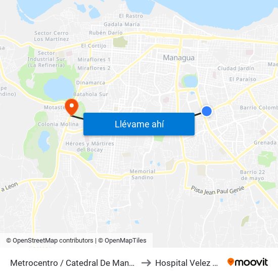 Metrocentro / Catedral De Managua to Hospital Velez Paiz map