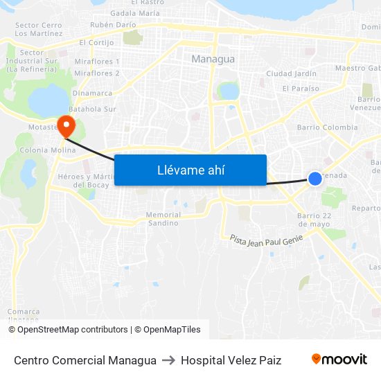 Centro Comercial Managua to Hospital Velez Paiz map