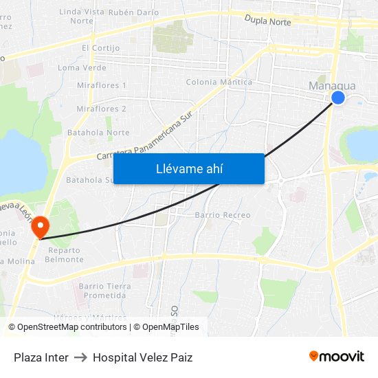 Plaza Inter to Hospital Velez Paiz map