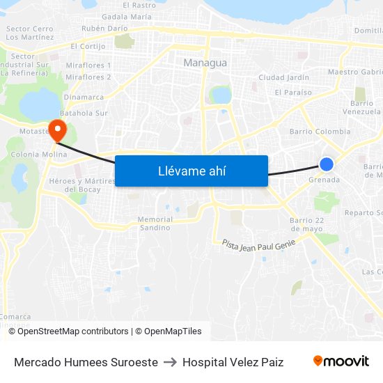 Mercado Humees Suroeste to Hospital Velez Paiz map
