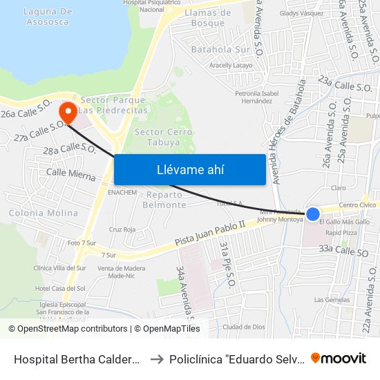 Hospital Bertha Calderón to Policlínica "Eduardo Selva" map