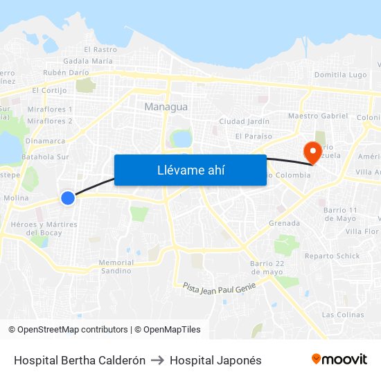Hospital Bertha Calderón to Hospital Japonés map
