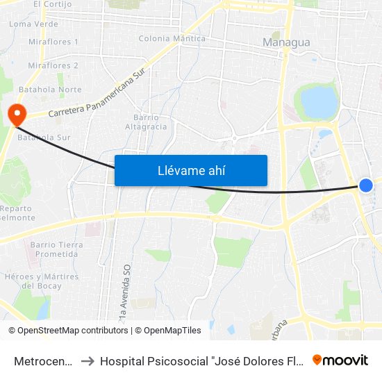 Metrocentro to Hospital Psicosocial "José Dolores Fletes" map