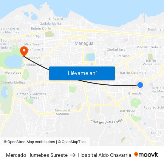 Mercado Humebes Sureste to Hospital Aldo Chavarria map