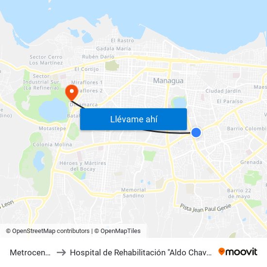 Metrocentro to Hospital de Rehabilitación "Aldo Chavarría" map