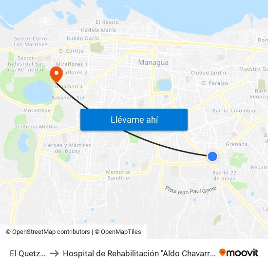 El Quetzal to Hospital de Rehabilitación "Aldo Chavarría" map