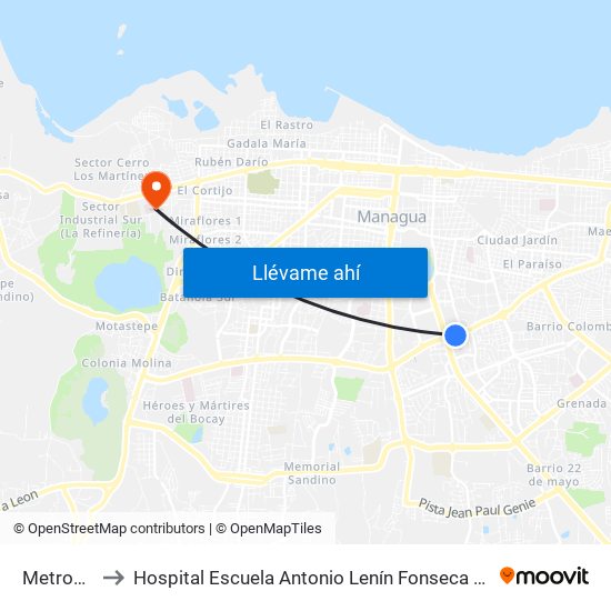 Metrocentro to Hospital Escuela Antonio Lenín Fonseca (Consultorio Médico) map