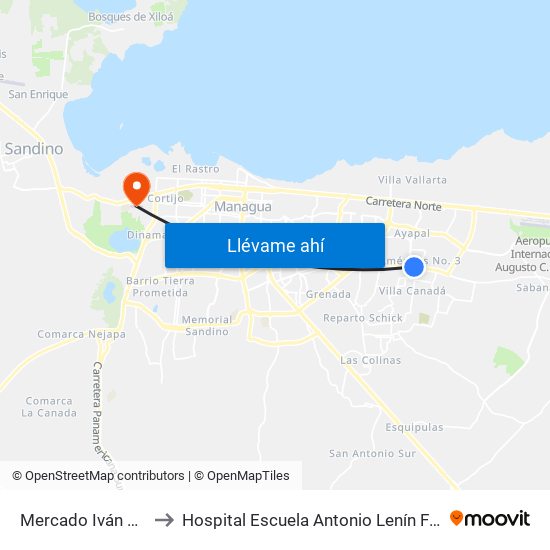 Mercado Iván Montenegro Sur to Hospital Escuela Antonio Lenín Fonseca (Consultorio Médico) map