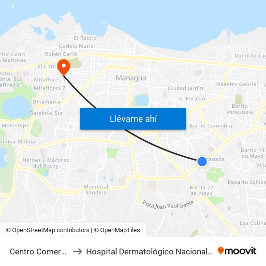 Centro Comercial Managua to Hospital Dermatológico Nacional Francisco Gómez Urcuyo map